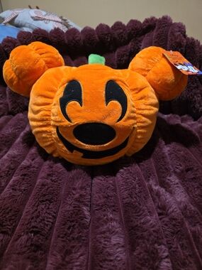 Disney Orange Pumpkin Mickey Pillow with Black Details